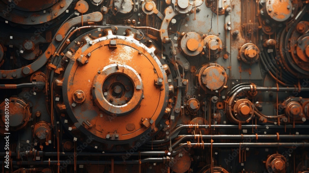Poster a close up of a metal structure with lots of orange and black circles and rivets on one side of the 