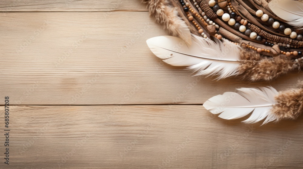 Poster a close up of a feather and beads on a wooden background with a place for a text or an image to put 