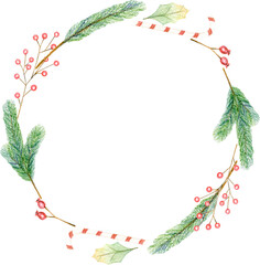 Wreath of Christmas Branches. Colored Pensils illustration New Years Decoration