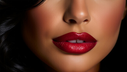 Lipstick Advertisement design African American beauty Sensual woman wearing ruby red lipstick on her lips, holds red gloss, has half of face covered concept of sensuality and cosmetics