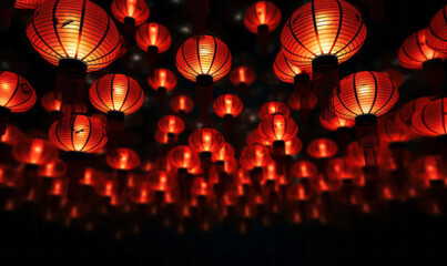 Traditional chinese red lanterns glowing against a dark background. Chinese lunar new year