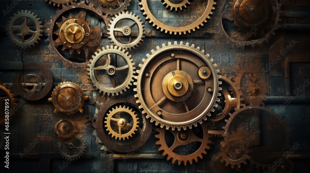 Poster a close up of a clock on a wall with many gears attached to the front of the clock and the back of t