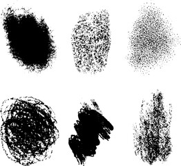 Vector set of paint stains, blots, textures, black print silhouettes, pencil scribbles, dry texture, ink stains
