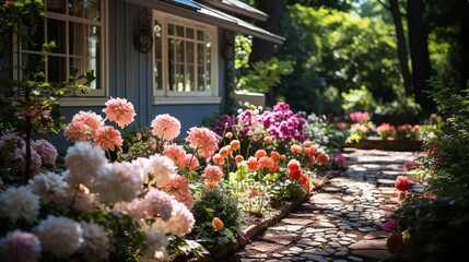 Fototapeta na wymiar A backyard garden filled with blooming flowers