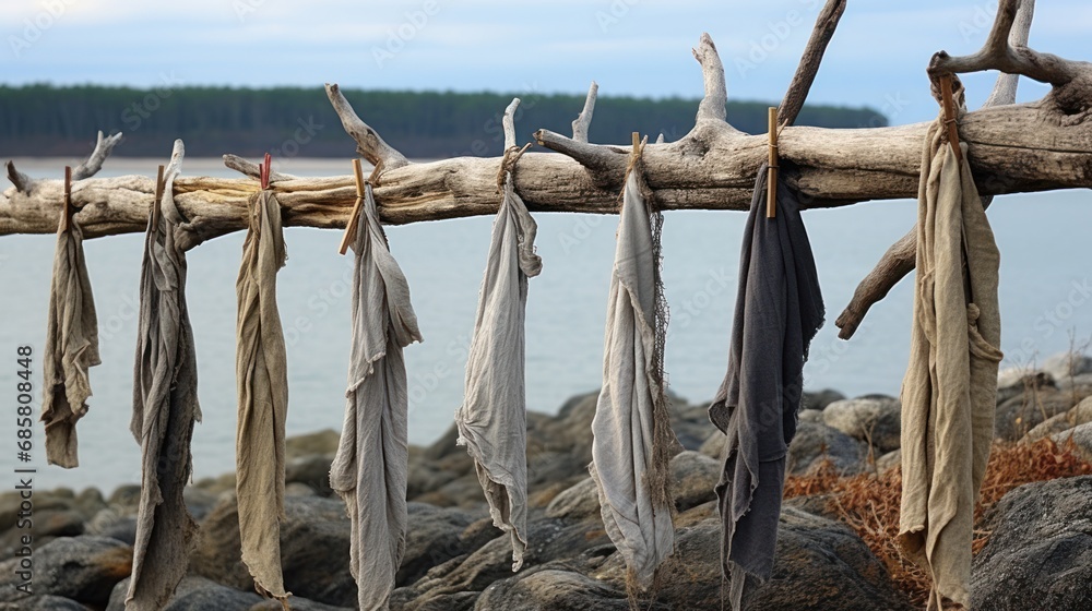 Poster a group of feathers hanging from a tree branch near a body of water with a tree branch sticking out 