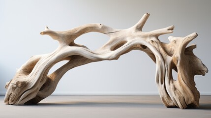  a piece of driftwood sitting on top of a floor next to another piece of wood that has been carved into the shape of a tree trunk and is shaped like a branch. - obrazy, fototapety, plakaty