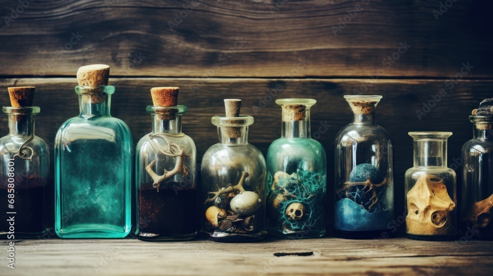 Poster a row of empty glass bottles sitting on top of a wooden table in front of a wooden wall and a wooden
