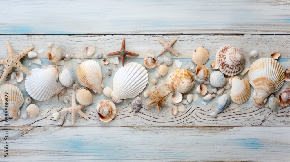 Poster  a group of seashells and starfish on a white wooden background with a starfish on the left side of the frame and a starfish on the right side of the right side of the frame.