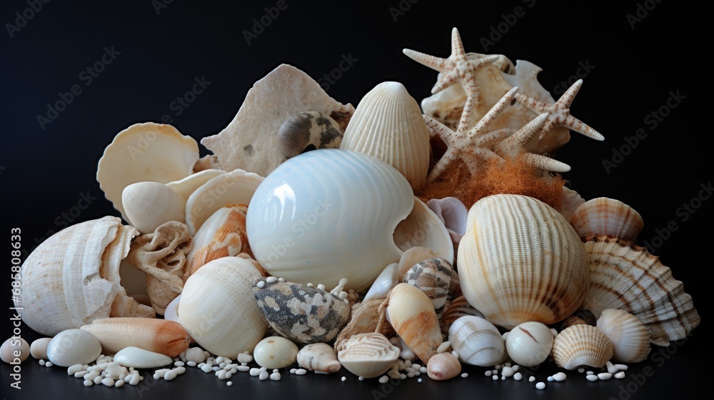 Poster  a pile of seashells sitting on top of each other on top of a black table next to a pile of other seashells on top of shells.