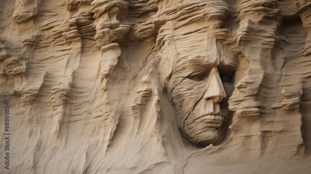 Poster a close up of a face carved into the side of a cliff face in a face of a man carved into the side of