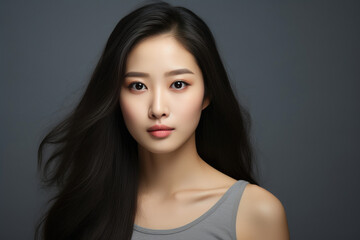 Fototapeta premium Serene Asian Model on a Subtle Gray Background