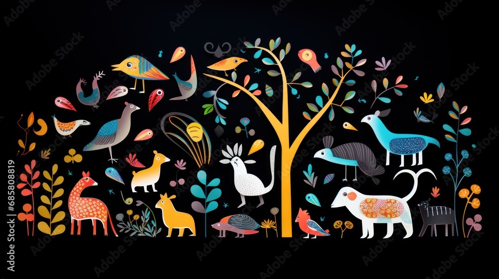 Poster a painting of a tree with birds, animals, and a bird on it's side and a bird on the other side of th