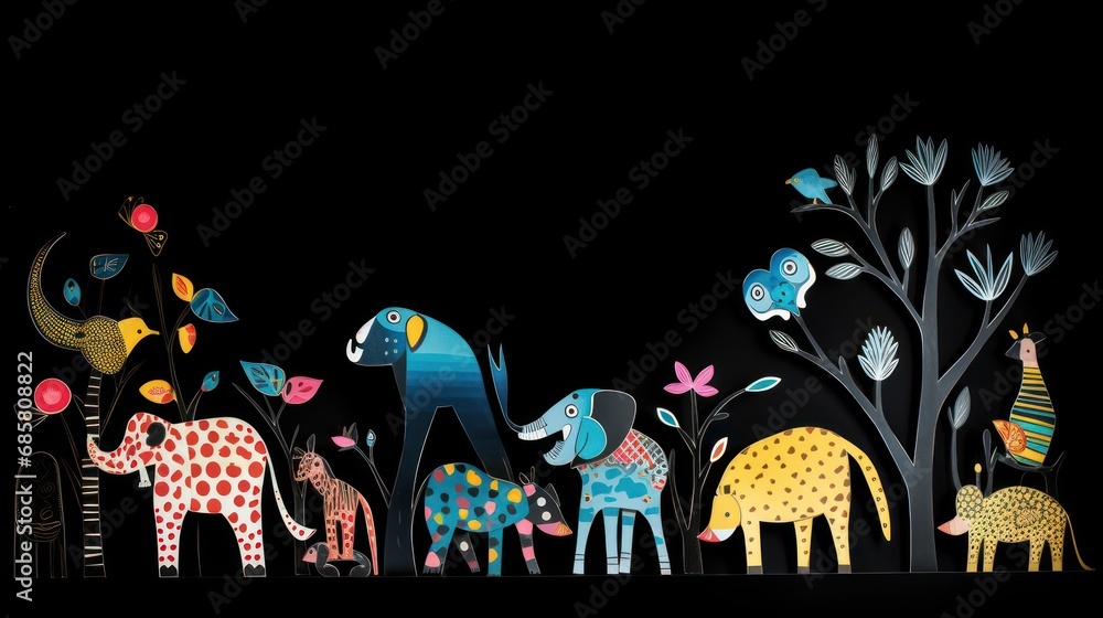 Poster  a group of elephants and giraffes standing next to each other in front of a tree with a bird on top of it and a bird on top of it.