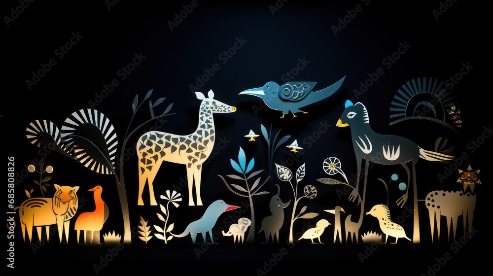 Aufkleber a group of animals standing next to each other on top of a lush green field in front of a black back