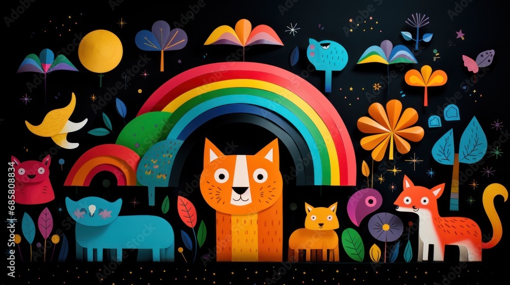 Poster a group of cats standing in front of a rainbow with a bird and a bird on the other side of the rainb