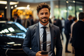 Smiling businessman with phone in front of luxury car - obrazy, fototapety, plakaty