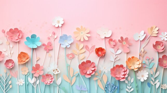  a bunch of flowers that are on a pink and blue background with white and pink flowers on the bottom of the picture and the bottom half of the flowers on the bottom half of the wall.