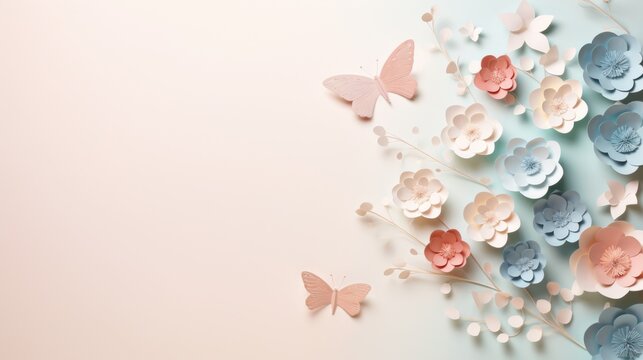  a bouquet of paper flowers and butterflies on a pastel blue and pink background with space for a text or an image or a clipping on the left side of the paper.