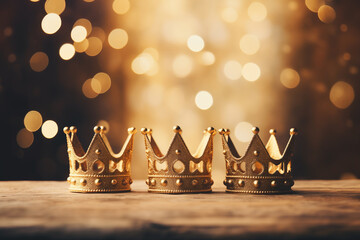 Three gold shiny crowns on warm bokeh background. Holiday Epiphany and three kings day 6 January - obrazy, fototapety, plakaty