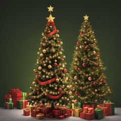 christmas tree and decorations, christmas wreath with ribbon, merry christmas card, christmas tree with gifts and decorations, christmas tree with presents