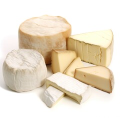 Swiss cheese. Cheese wheel. Dairy. Kebbuck. French cheese. Slices of cheese. Creamery. A block of cheese. Breakfast. Snack. Cheese on the white background, isolated. Cheer of cheese. Brie