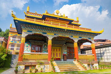A monastery gumba in UNESCO World heritage Boudhanath Stupa aka Bouddha in Kathmandu, Nepal - obrazy, fototapety, plakaty