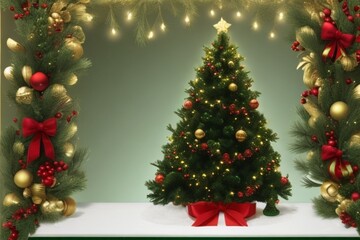 Fototapeta na wymiar christmas tree and decorations, christmas wreath with ribbon, merry christmas card, christmas tree with gifts and decorations, christmas tree with presents