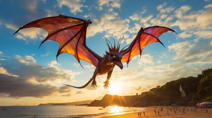 A traditional dragon-shaped kite flying gracefully above a picturesque beach - obrazy, fototapety, plakaty