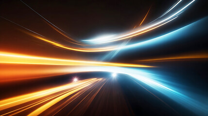 Abstract High Speed Motion Light Trails with Glowing Blue and Orange Neon Lines, Futuristic Technology Background with Dynamic Fast Energy Rays, Cinematic Velocity and Digital Data Stream Concept.