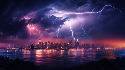 Night view of thunderstorms in the middle of the city, coastal skyscrapers.