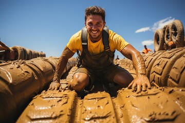 Man crawling through mud at obstacle course race
