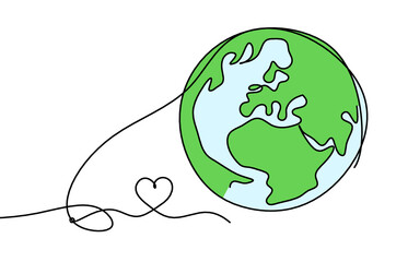 Abstract color planet Earth with heart as line drawing on white