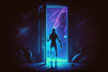 The alien opens the door in his space.