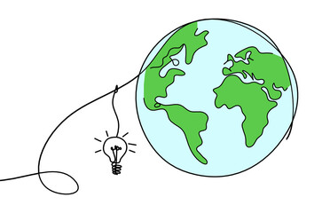 Abstract color planet Earth with light bulb as line drawing on white
