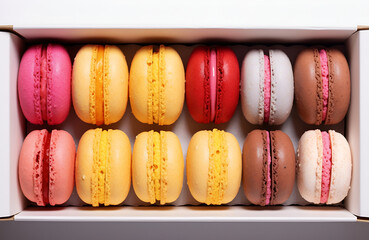 Assorted colorful French macaron cookies in a white box