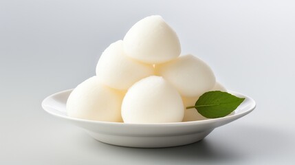 A pile of Rasgulla, soft and spongy, set against a solid white background to emphasize its simplicity and deliciousness.