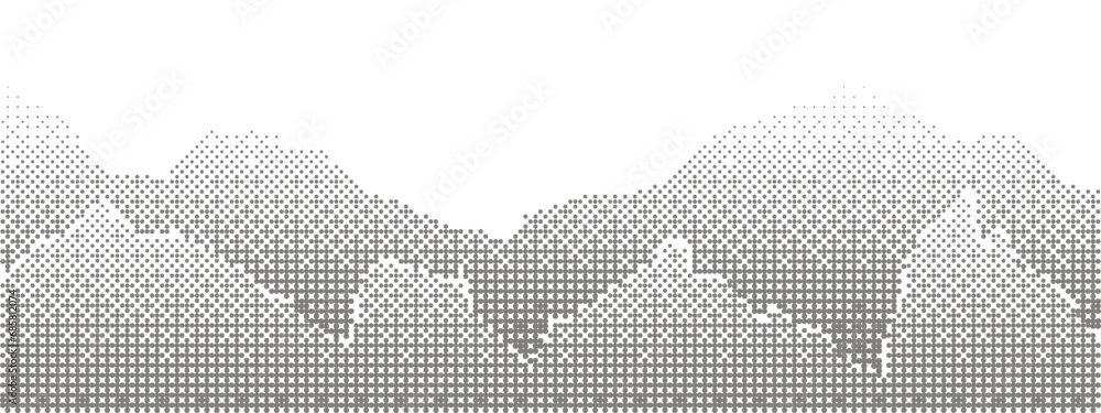 Poster halftone gray mountain landscape with two rows of mountain range drawn with a dotted gradient. wides