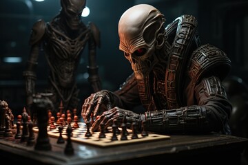 An alien is playing chess with a human - obrazy, fototapety, plakaty
