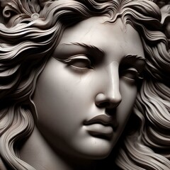 A statue of a woman with long hair, greek godness portrait sculpture