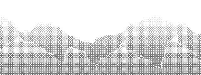 Halftone gray mountain landscape with two rows of mountain range drawn with a dotted gradient. Widescreen background