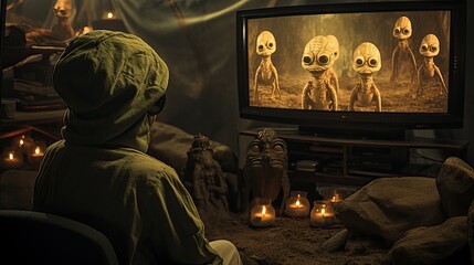 A person watches a movie about aliens.