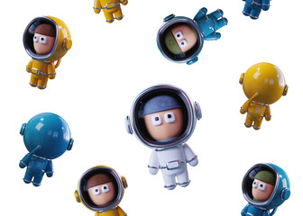 Large scale Pattern of white, blue and yellow astronauts. 3D render.