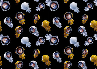 Medium scale Pattern of white and yellow astronauts. 3D render.
