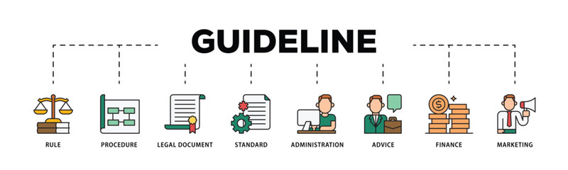 Guideline infographic icon flow process which consists of rule, procedure, legal document, standard, administration, advice, finance, marketing icon live stroke and easy to edit .