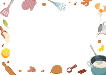 Cooking background with decorative frame. Horizontal Flyer with food items, meal ingredients.