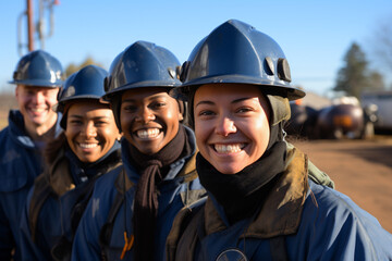 Group of happy miners in protective gear smiling at camera