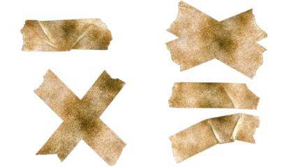 Set of 4 pieces of metallic gold-plated brown tape with different states of adhesion and wrinkles, suitable for decorative products, notes, paper collage art, letter writing