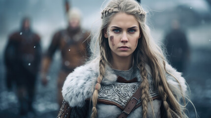 Viking Shield Maiden: A Warrior's Grace in the Face of Battle - obrazy, fototapety, plakaty