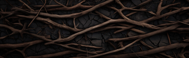 Banner photo of dark dry roots sticks on black soil for background or banner. Шntertwined dark wooden branches creating a natural, textured pattern