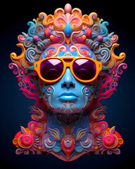 A human face wearing sunglasses with neon color ornamental elements - New age psychedelic design